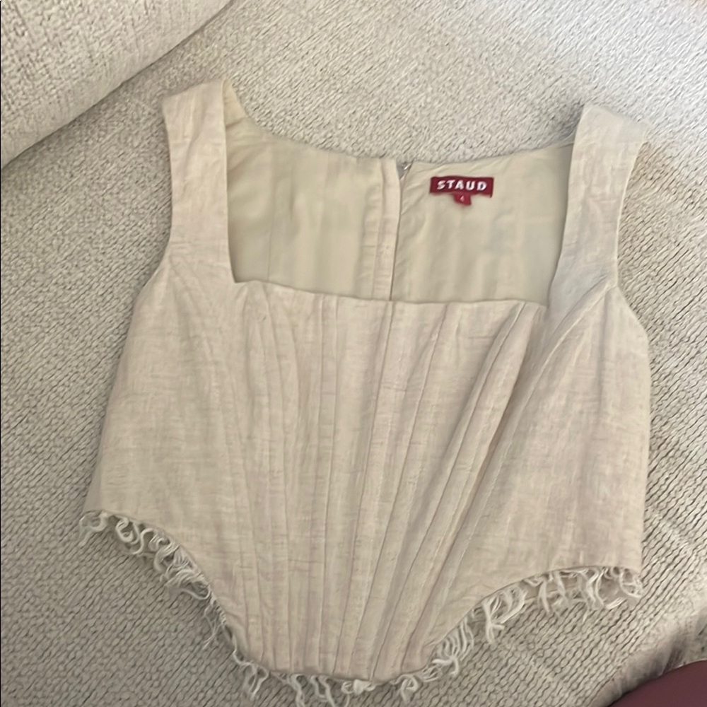 STAUD Cream Linen Cropped corset Top with Fringe